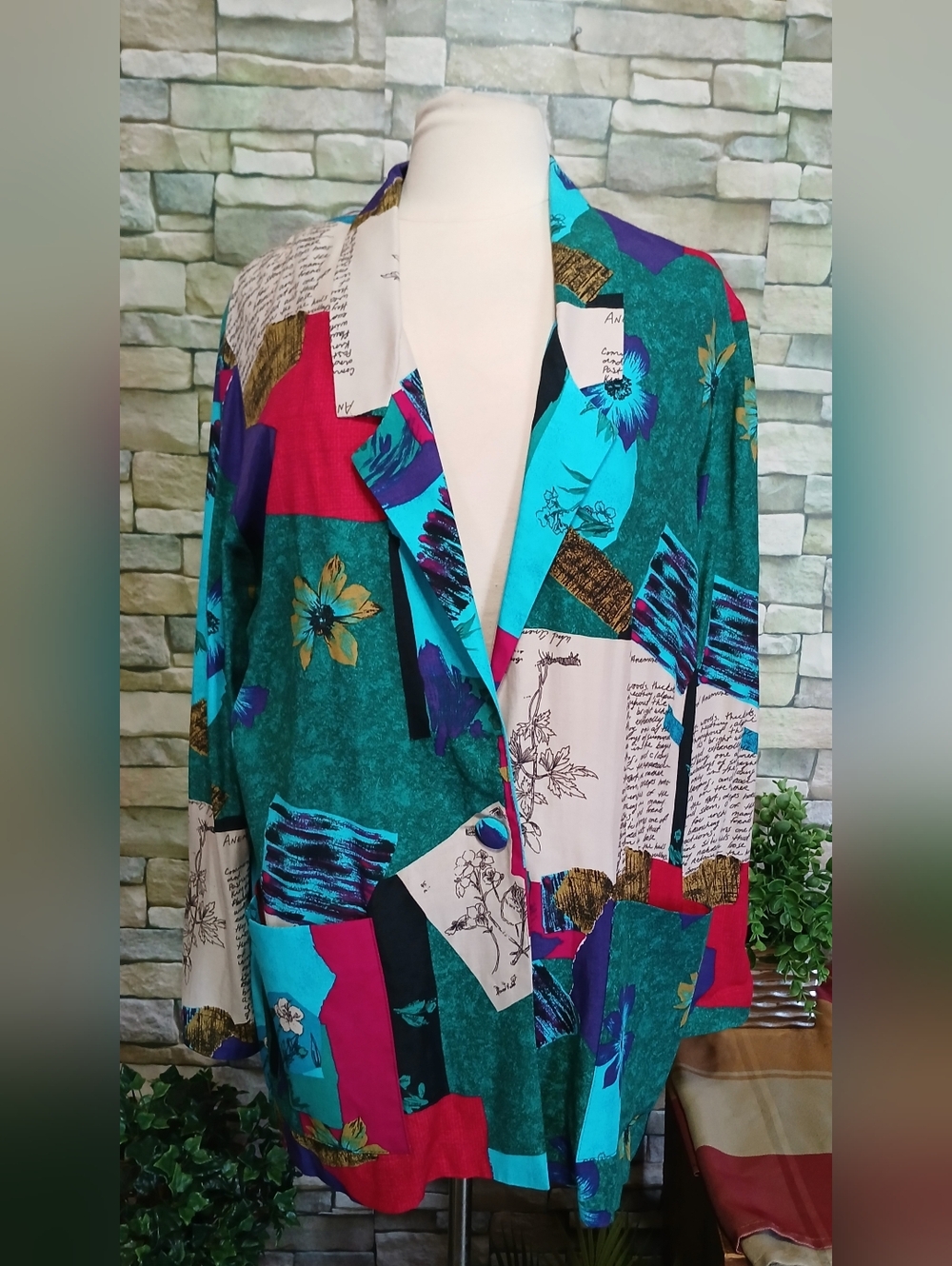 Vintage 80s Vibrant Bold Abstract Artsy Print Women's Blazer Jacket Teal Multi